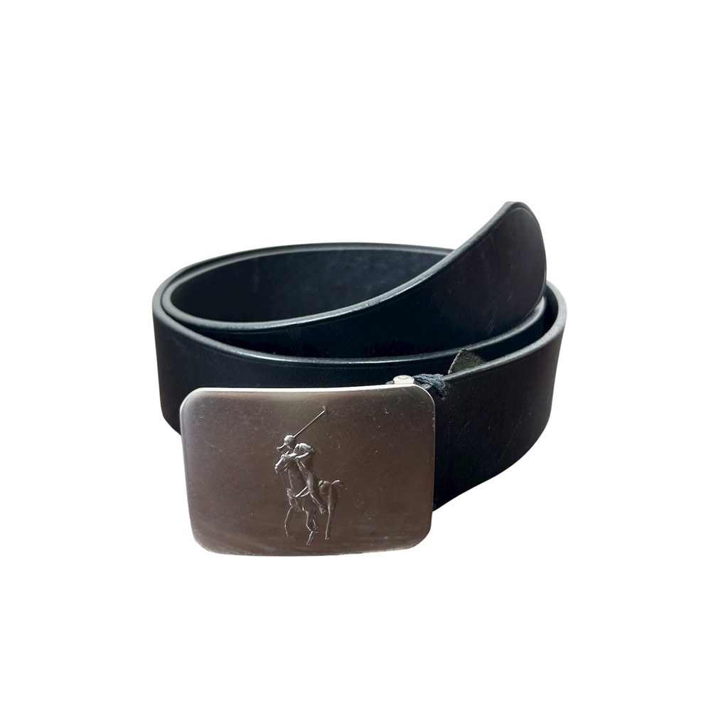 Polo Ralph Lauren Embossed Pony Stainless Steel Plaque Black Leather Belt 34